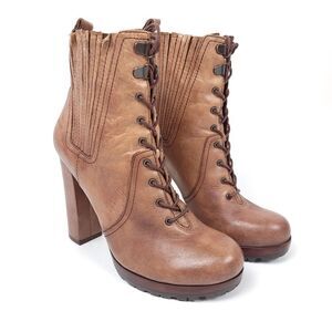 Vince Camuto Signature Hansel Tan Patina Heeled Lace Up Boots Women's 8.5 Brown